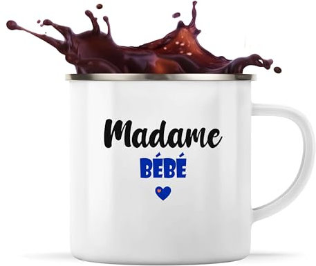 Tasse Métal Madame Bébé | Mug | Idée Tasse Personnalisable en Métal Cadeau Anniversaire Camping Fête Original Famille Travail Départ Collègue Retraite Noël. (Bleu)