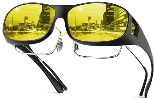 kunchu Night Driving Glasses - Anti-Glare Yellow Polarized Sunglasses - Wrap Around Design for Prescription Glasses - UV400 Protection for Men & Women YELLOW LENS