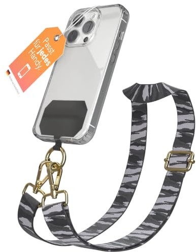 EAZY CASE - Handykette Universal zum Umhängen kompatibel mit jedem Handy Kette mit Hülle kombinierbar Handykordel Karabiner für Handyhülle Handyband zum Umhängen Camouflage - Grau Metall Gold
