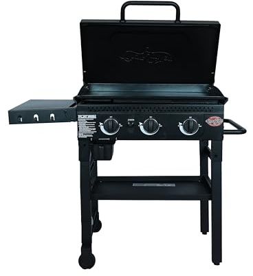 Char-Griller Flat Iron Gas Plancha 3-Brenner, klappbarer Gasgrill mit keramikbeschichteter Stahlplatte, Windschutz, 3355 cm², Schwarz