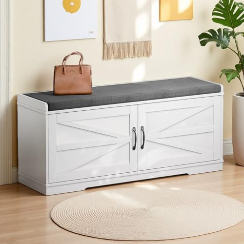 Feonase Schuhschrank mit Sitzfläche, Schuhregal Schmal, Shoe Cabinet mit Türe, Schuhbank Geschlossen, 35 x 100 x 50 cm, Sitzbank Flur mit Sitzbank für Wohnzimmer, Schlafzimmer, Flur (Weiß)