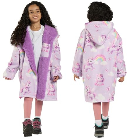 OHS Unicorn Waterproof Jacket Kids Dry Robe, Oversized Raincoat Lightweight Fleece Lining Girls Coat Changing Robe with Hood & Pockets Breathable Girls Clothing for Beach Surfing Outdoor, S/M