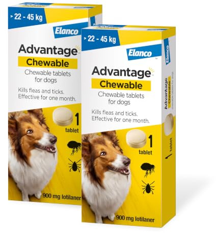Advantage Chewable 900mg Chewable Tablets for Dogs >22-45kg (2 pack), Flea and Tick Treatment, Fast Acting Kills Fleas Within Hours, Prevention Lasts For A Month, Easy To Administer
