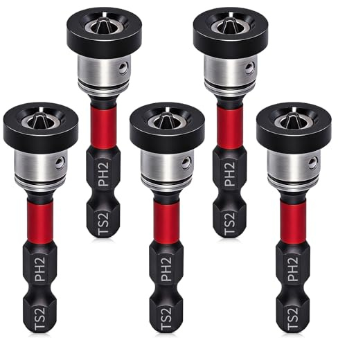 Lanstorm 5Pcs Magnetic Screwdriver Bits,1/4 Hex Shank Drywall Screw Setter | 50mm Drywall Screw Setter Bits with Removable Collar, PH2 Impact Driver Bit for Plasterboard Driver Electric Drill