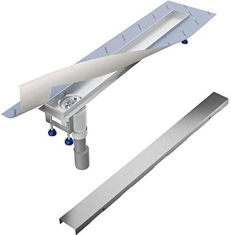 Aquabad Duschrinne SDS Pro 60 cm, gebürtseter Edelstahl inkl. Haarsieb, Abgang seitlich senkrecht, Blende BORD, linearer Bodenablauf, Komplettset