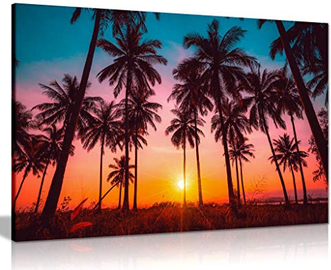 Sunset Beach Coastal Canvas Wall Art, Framed Palm Trees 36x24 Inch Print | Large Pictures for Walls, Landscape Seascape Painting, Ready to Hang, Living Room Bedroom Bathroom Office Decor, Pine Frame