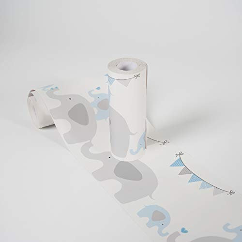 A.S. Création selbstklebende Bordüre - Papierbordüre mit kinderfreundlichen Motiven in Blau, Grau und Weiß - auf 5,00 m x 0,15 m je Rolle
