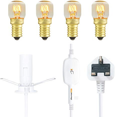 Salt Lamp Replacement Light Fitting with Touch Dimmer Switch + 4 Units of 15 Watt E14 Bulb. White Power Cord Comes with E14 Bulb Holder, CE Certified British Standard Plug