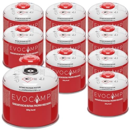 EVOCAMP 10X Cartouches de gaz Propane Butane 300g, Valve à vis avec Filetage européen 7/16, Cartouches à Valve 539ml avec Fermeture de sécurité Automatique