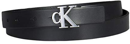 Calvin Klein Damen CK Jeans Monogramm Plaque Schnalle Casual Leder Skinny Gürtel für Jeans, Hosen und Kleider, Schwarzes Logo-Plakette, L