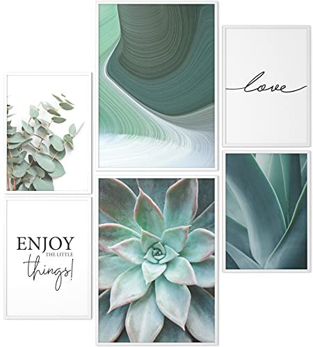 Papierschmiede® Mood Poster Set Green Love, Fertiges Bilder Set mit Rahmen (Holz, weiß), Wohnzimmer Deko Schlafzimmer, 2x DIN A3 und 4x DIN A4, Eukalyptus Agave Aloe Vera Grün