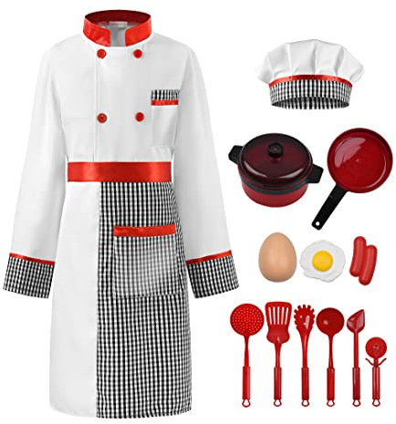 ReliBeauty Cucina Costume con Grembiule Cucina bambini Cappello Cuoco Accessori Cucina,10 anni