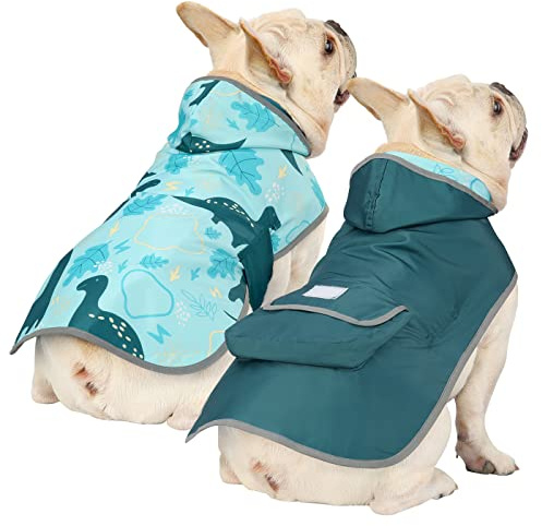HDE Wendbarer Hunde-Regenmantel mit Kapuze, für kleine, mittelgroße und große Hunde, Dinosaurier, Größe M