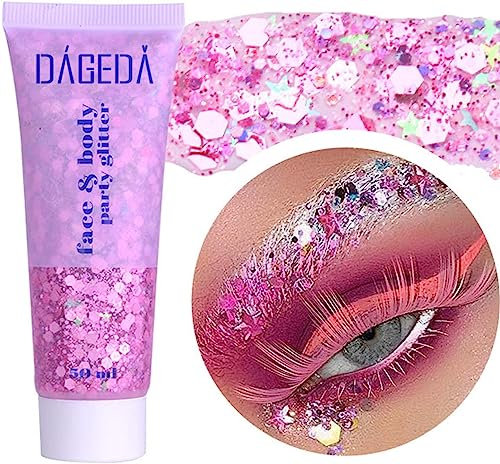 Prreal Body Glitter gel 50ml, Mermaid Sequins Chunky Glitter Liquid Gel kit, Long-Lasting Glitter Sequins Chunky Powder Gel For Festival Masquerade Birthday Makeup#Pink