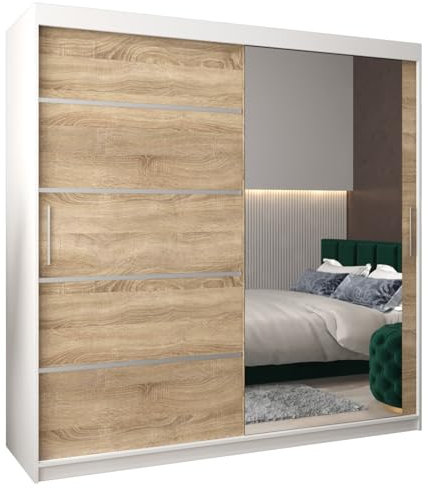 MEBLE KRYSPOL Kleiderschrank mit Spiegel Verona 2 - Garderobenschrank - Schrank Schlafzimmer - Mehrzweckschrank Zwei Schiebetüren - Regalen - Flur Möbel - Kleiderstange Schrank - Allzweckschrank