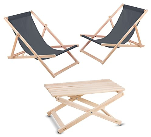WOODOK Gartenset Couchtisch + 2X Liegestuhl aus Buchholz Strandstuhl Sonnenliege für Strand, Garten, Balkon und Terrasse Klappbar (Grau)