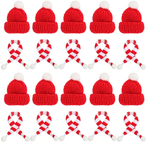 Dereine 20 Stück Mini Weihnachtsmütze, Mini Weihnachtsmütze und Schal Set, Mini-Strickmütze des Weihnachten, Nikolausmütze Klein für Weihnachten Weinflasche Abdeckung, Puppenhaus, Weihnachtsfeiern
