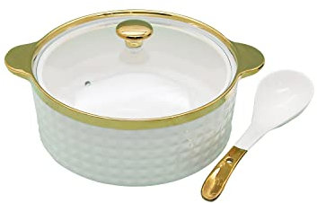 Soupe en céramique avec couvercle en verre et cuillère, bols à soupe en porcelaine avec couvercle, blanc, rond, 2,5 litres (type 2)