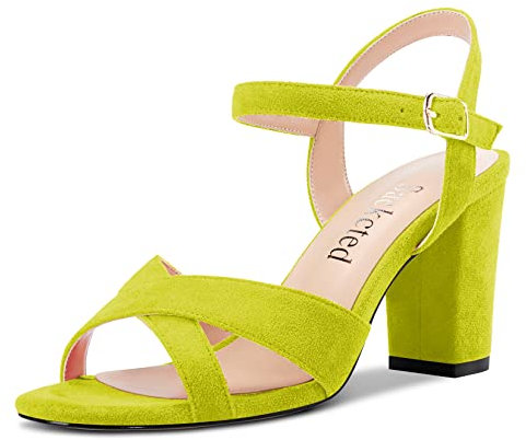 Saekcted Donna Medio Tacco Heel Chunky Blocco Aperte sulla Punta Slingback Sandali Cinturino alla Caviglia Fibbia Dress 8 CM Heels Verde Lime 37 EU