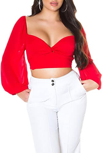 Chic Blusen Look Crop Top mit Knoten-Effekt und Ballon-Ärmel One Size (Einheitsgröße)