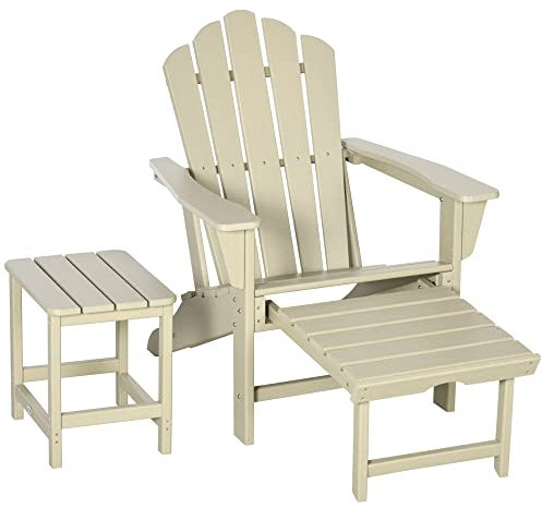 Outsunny Adirondack-Gartenstuhl mit Beistelltisch, Gartenliege mit Fußhocker, Terrassenstuhl mit Armlehne, Balkonstuhl, HDPE, Sand