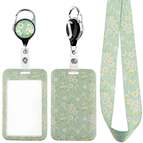 Juanooo Cordon tour de cou esthétique pour femmes, filles, enseignants, pour badges d'identité et clés, motif marguerite verte, porte-carte et bobine rétractable pour l'école, les étudiants