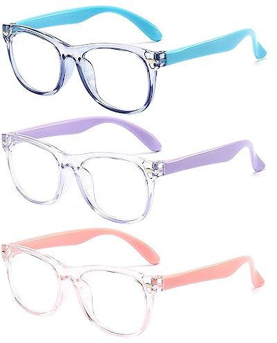 FANNYGO 3 Pack kids Blue Light Blocking Glasses for girls boys Computer Blue Light Blocking Glasses For Age 3-9 (Light blue + Light purple + Light pink)