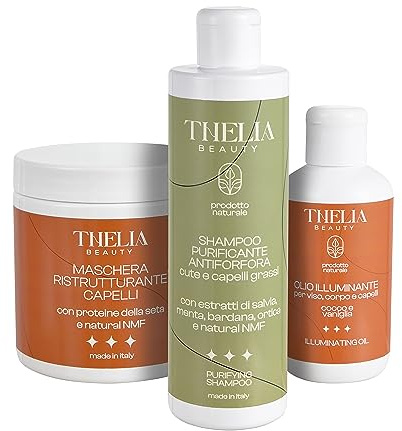 Thelia Beauty | Haarset mit reinigendem Anti-Schuppen-Shampoo, pflegender Maske und aufhellendem Öl für Gesicht, Körper und Haare, parabenfrei, Naturprodukt, Made in Italy