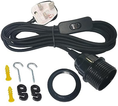 Weeoley Lamp Holder Suspended Pendant Light Fitting Kit, Black Extension Hanging Lantern Fabric Cord Cable, On/Off Switch/UK Plug,E26/E27 Lamp Socket,3.5m