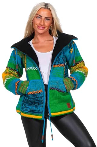 Damen Strickjacke Goa Wolle Bunte Patchwork Jacke mit Fleecefutter und Hochkragen