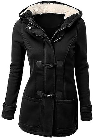 Ydsxlp Wintermantel Damen Lässige Hornknöpfe Fleece Winterjacke Winter Winddicht Warm Fleecemantel Kapuzenjacke Teddyjacke Elegant Einfarbig Wollmäntel Oberbekleidung mit Taschen(F Schwarz,6XL)