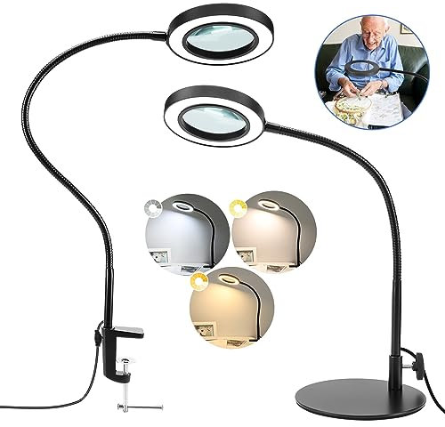 Tobegiga Lupe mit Licht und Ständer, 2-in-1 Flexible Schwanenhals-Lupe mit Klemme, 3 Farbmodi Stufenlos Dimmbare Beleuchtete Vergrößerungsglas, Freihändig für Basteln, Malen, Hobby