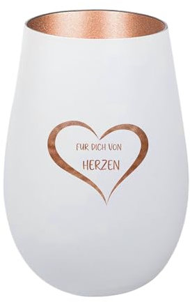 Der-Porzellan-Laden Windlicht mit Gravur Für Dich von Herzen, Weiß Bronze, Teelichthalter aus Glas mit Spruch, Tischdeko modern