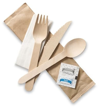 Venuscello 100 Sets Tithe Wooden Cutlery Set 6 in 1 Individually Wrapped Biodegradable Eco Friendly Dining Kit Each Set Contains Fork Spoon Knife 2 Ply Napkin Salt & Pepper for Travel Party Events
