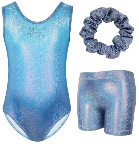 Gogokids - Set da ginnastica da bambina, 3 pezzi, senza maniche, body senza maniche con pantaloncini e fascia per capelli, per ginnastica, danza, con brillantini, per bambine di 3-12 anni, Blu scuro,