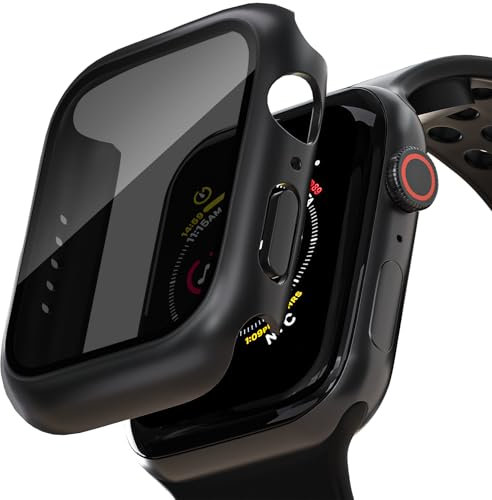 KUYUBMINYR Confezione da 2 custodie protettive per lo schermo di Apple Watch, in vetro temperato anti-spia, custodia rigida in policarbonato per iWatch serie 9, 8, 7, colore: nero/nero, 41 mm