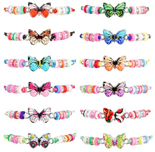 Capaneus 12 Stück Schmetterling Freundschaftsarmbänder Kinder, Schmetterling Armbänd Mädchen, Instellbare Geflochten Armband, Freundschaftsarmbänder Kinder für Kindergeburtstag