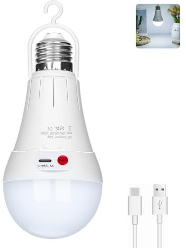 Lampadina ricaricabile USB 10 W LED E27 controllo a pulsante, intensità variabile, lampadina a batteria 2000 mAh con gancio per illuminazione di emergenza interno/esterno (bianco freddo, 1 confezione)