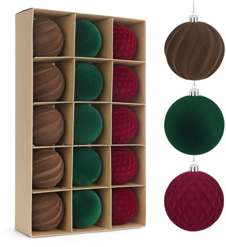 Miaikoe 15 Stück Samt Weihnachtskugeln hängende Ornamente Set, vorgebunden Plastik Flocked Weihnachtskugeln Weihnachtsdekorationen Festival Feiertagsparty Dekor (Braun, Rot, Grün, 8CM)