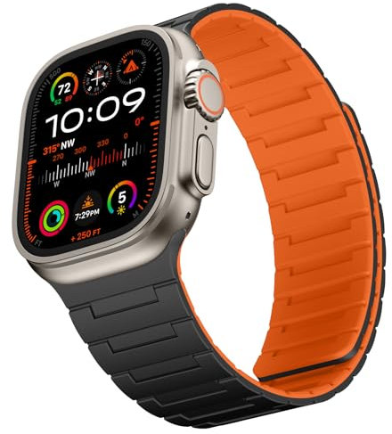 Suphart Correas Compatible con Correa Apple Watch 49/46/45/44/42/41/40/38mm, Correa Potente Magnético Silicona para iWatch Ultra 2 SE Serie 10 9 8 7 6 5 4 (49/46/45/44/42, Negro-Naranja)