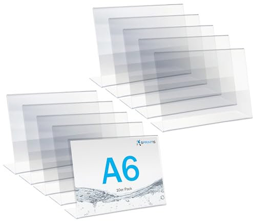 SPRINTIS Tischaufsteller A6 quer (10 Stück) - für Inhalt 14,8 x 10,5 cm, L-Aufsteller aus glasklarem Kunststoff für Hochzeit & Restaurant, Werbeaufsteller DIN A6 schräg, Menükartenhalter Querformat
