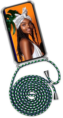 ONEFLOW Handykette für iPhone 16 Pro Hülle mit Band, Handyhülle mit Kette abnehmbar, Handyband zum Umhängen, Handy Umhängeband Lange Handykordel, Twist Case – Grün Weiß