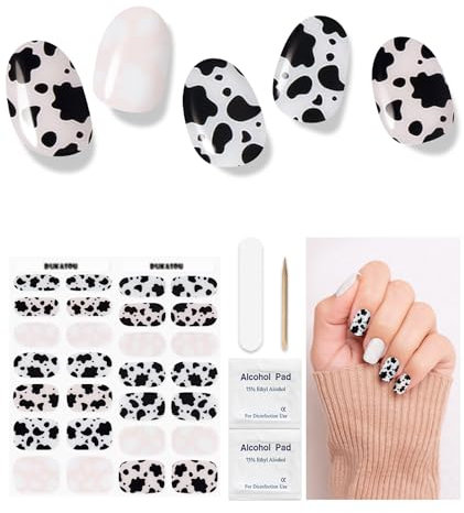 Semi Cured Gel Nail Strips, 28 pcs Gel Nail Strips Work with Any UV Lamp, Long Lasting Gel Nail Stickers Full Nail Wraps, Salon Quality, Easy to Apply(Cow Black White)