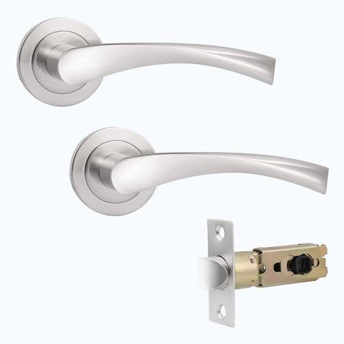 Probrico Satin Nickel Round Rose Door Handles,Twisted Lever Internal Door Handles Set with Ajustbale Latch(45mm/57mm),Passage Handles Ideal for Interal Doors,4 Pack