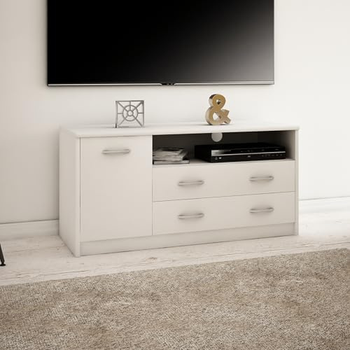 Home Collective TV-Schrank 110cm breit Lowboard in matt Fernsehtisch mit 1 Tür 2 Schubladen und 2 Regalen aus laminiertem Board abgerundete Kante und Metall-Rollschienen Fernsehkommode Weiß