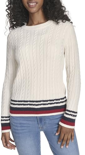 Tommy Hilfiger Damen-Pullover aus Baumwolle mit Rundhalsausschnitt und Zopfmuster, Elfenbeinfarben, Groß