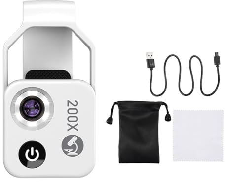 Asuinxurr Obiettivo microscopio con ingrandimento 200x, luce LED mobile, micro obiettivo macro per IOS, Android e tutti gli smartphone,