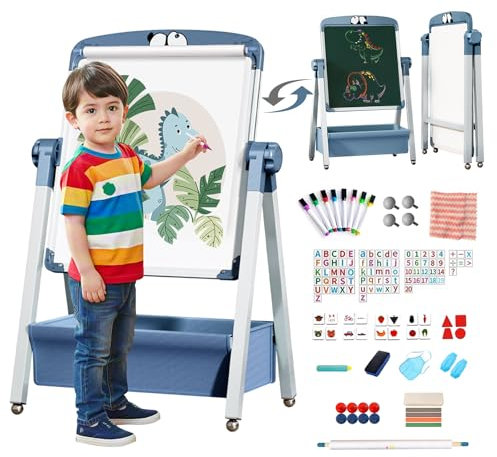 Caballetes para Niños 3 en 1 Pizarra Caballete Pintura Infantil de Doble Cara Plegable con Papel en Rollo Altura Ajustable Giratoria 360°, Pizarra con Caja de Almacenamiento para niños y niñas