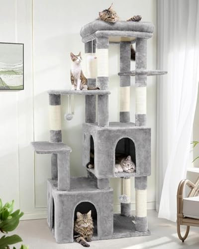 Globlazer Arbre a Chat Grand, Arbres à Chat Stable avec 2 Grande Niches, Doux Rembourrage Plate-Forme, Griffoirs en Sisal, Peluche Chats Jouets, Tour à Chats pour Gros Maine Coon (F61, Gris Clair)