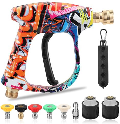 Pressure Washer Gun with 5 Sprayer Nozzles and 2 Hose Connectors, M22 14mm Hose Connector to 1/4'' Quick Connector Car Clean Gun, Colorful Car Wash Water Gun for Car Washing and Patio Cleaning
